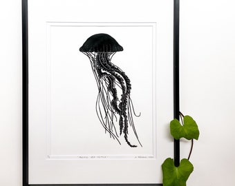 Jellyfish linocut, Jellyfish art print, Original Linocut print, Marine life art, Unframed print