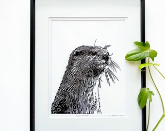 Sea Otter linocut, SeaOtter hand printed, Original Linocut print, Marine life art, Unframed art print