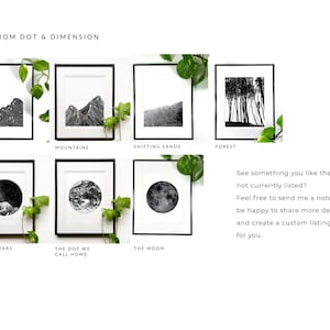 Puede incluir: Colecci&oacute;n de impresiones art&iacute;sticas en blanco y negro enmarcadas. Las impresiones presentan varios dise&ntilde;os de paisajes y celestes, incluyendo olas, monta&ntilde;as, arenas movedizas, un bosque, un mar de estrellas, la Tierra y la luna. El texto "MORE FROM DOT & DIMENSION" est&aacute; en la parte superior.