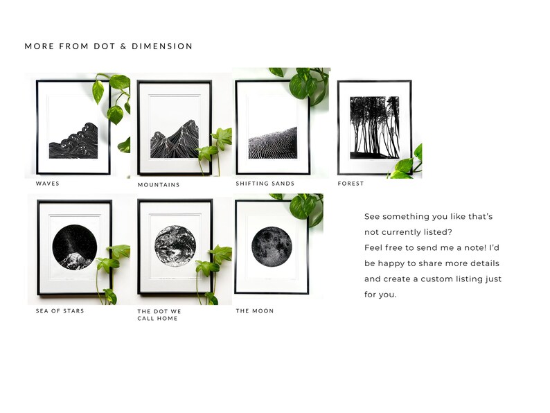 Puede incluir: Colecci&oacute;n de impresiones art&iacute;sticas en blanco y negro enmarcadas. Las impresiones presentan varios dise&ntilde;os de paisajes y celestes, incluyendo olas, monta&ntilde;as, arenas movedizas, un bosque, un mar de estrellas, la Tierra y la luna. El texto "MORE FROM DOT & DIMENSION" est&aacute; en la parte superior.