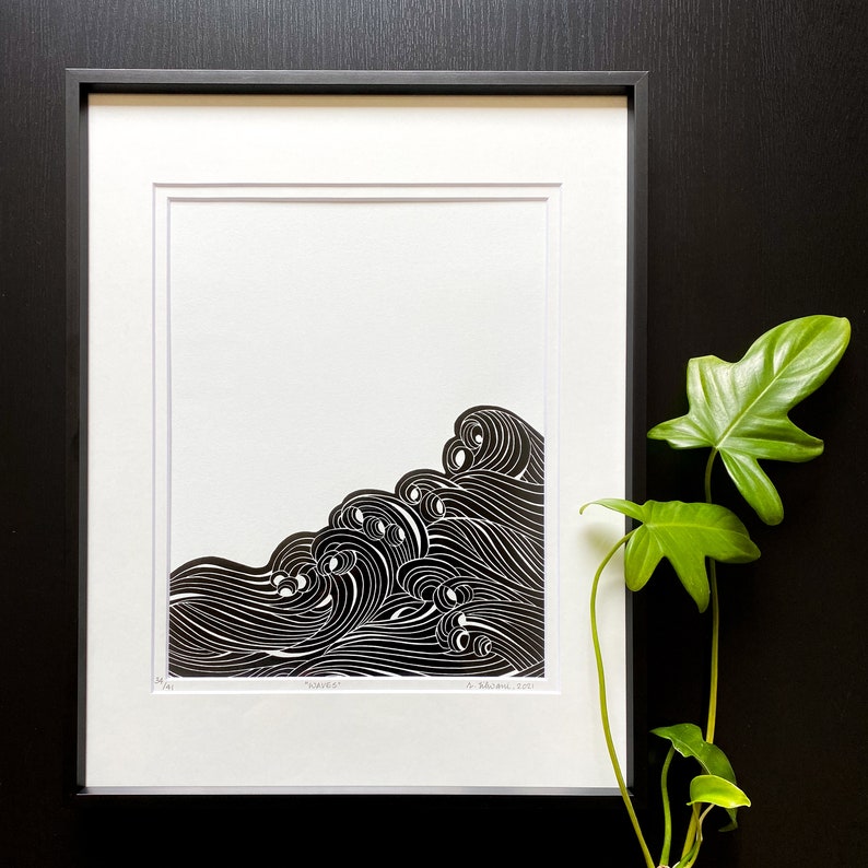 Waves linocut, Waves art, Minimalist art, Ocean inspired art, Original Linocut print, Unframed art print image 2