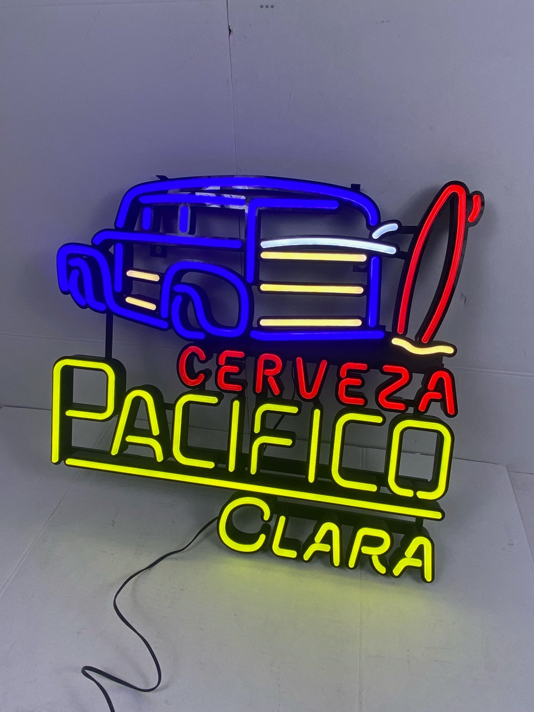 Pacifico Beer Sign Woody Car LED Optic NEON Sign Bar Pub Mancave Tiki