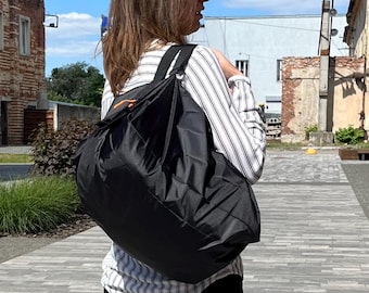 Expandable Black Water-Repellent shopping bag, Foldable Eco-Friendly Polyester market grocery bag