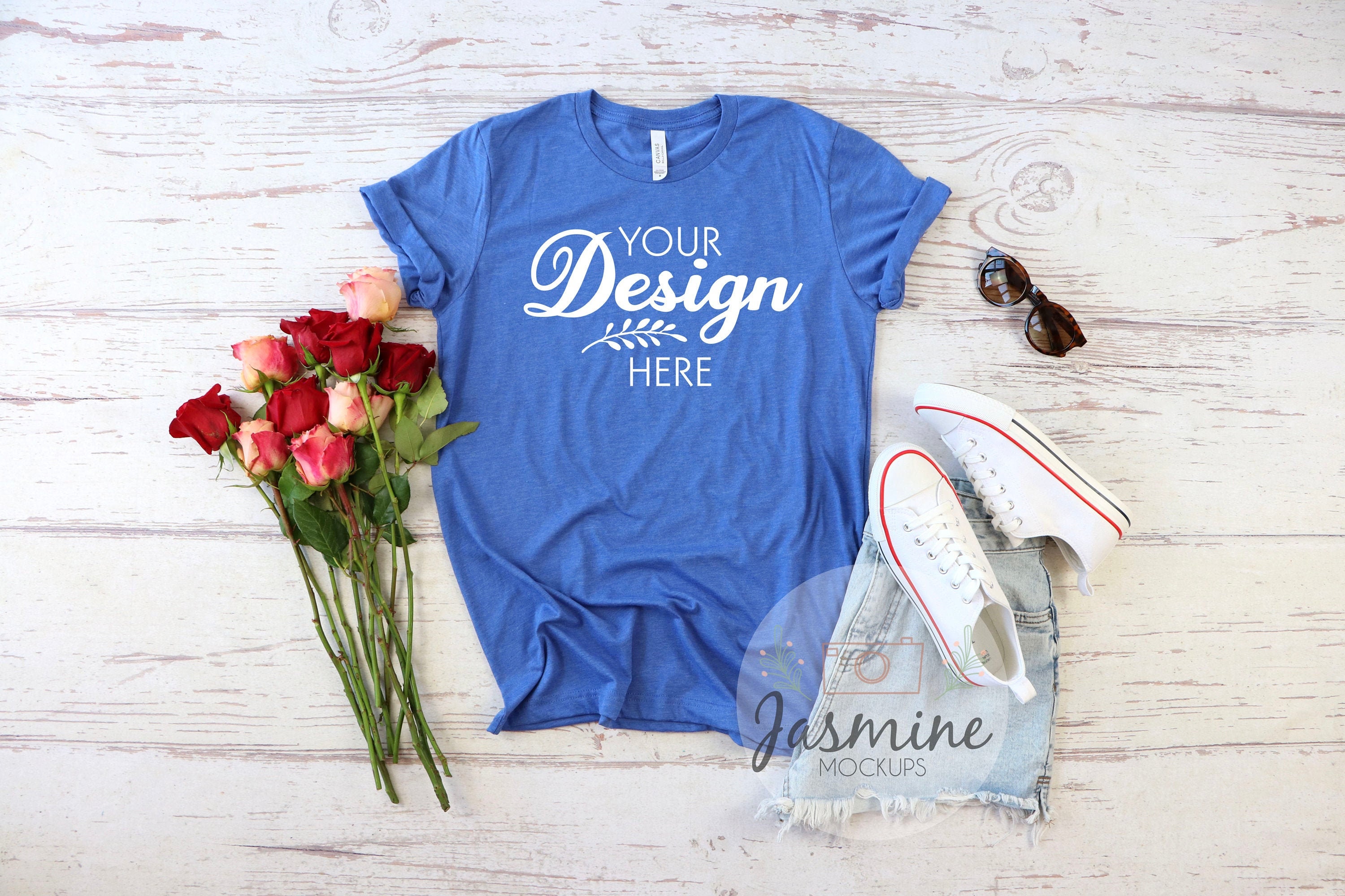 Download Heather True Royal Bella Canvas 3001 T-Shirt Mockup Floral ...