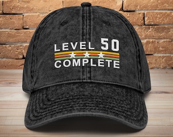 50th Anniversary Embroidered Hat: Level 50 Complete, Vintage Style