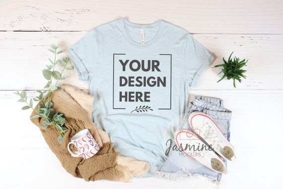 Bella Canvas 3001 Mockup Styled Flat Lay Bella Canvas Heather Prism Ice Blue Shirt Mockup Tied T Shirt Mockup Hanging T Shirt Mockup