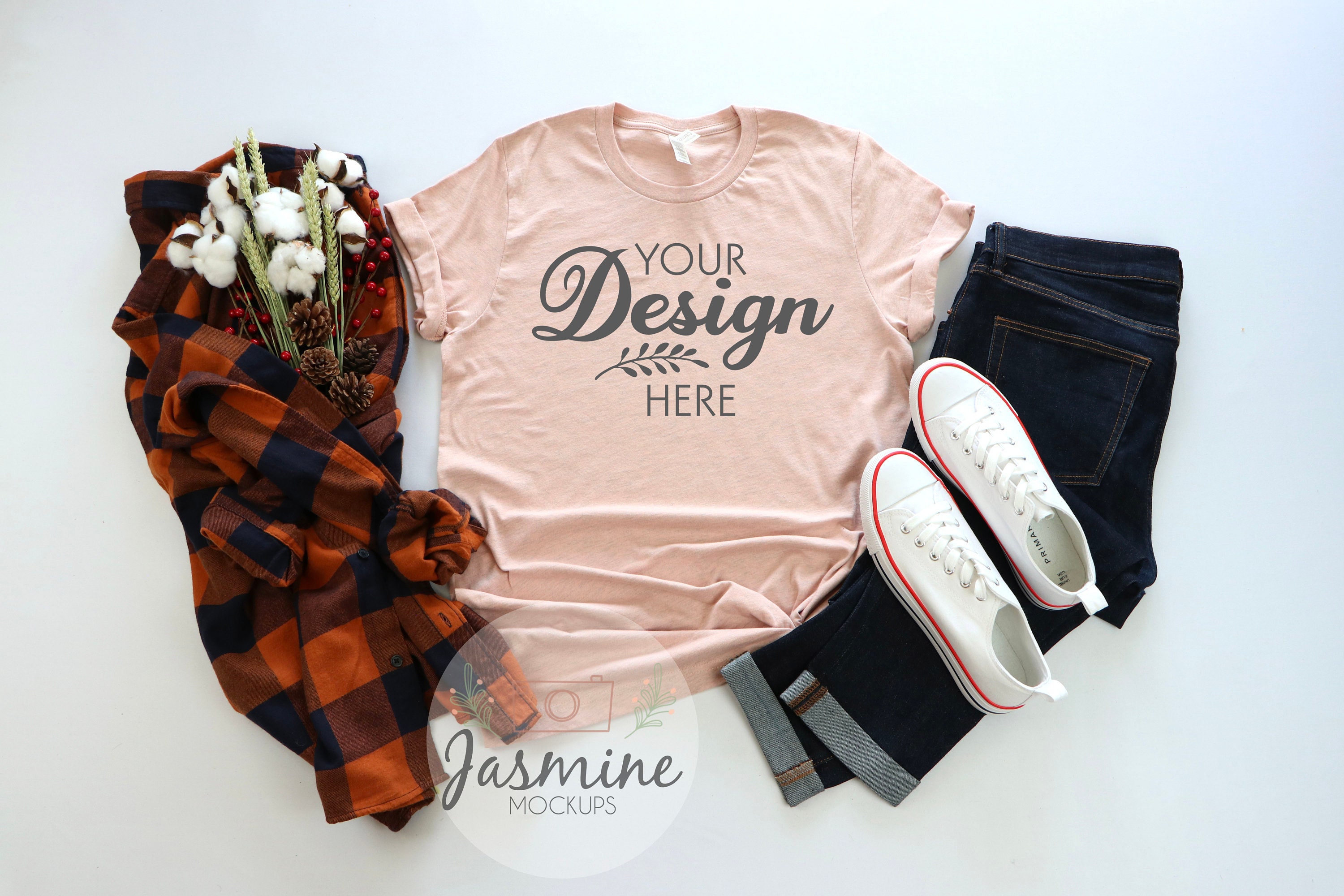 Download Heather Prism Peach Bella Canvas 3001 T-Shirt Mockup Brown ...
