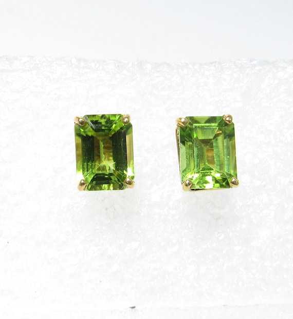 Solid 14k Stud Earrings with Emerald Cut Green Na… - image 1
