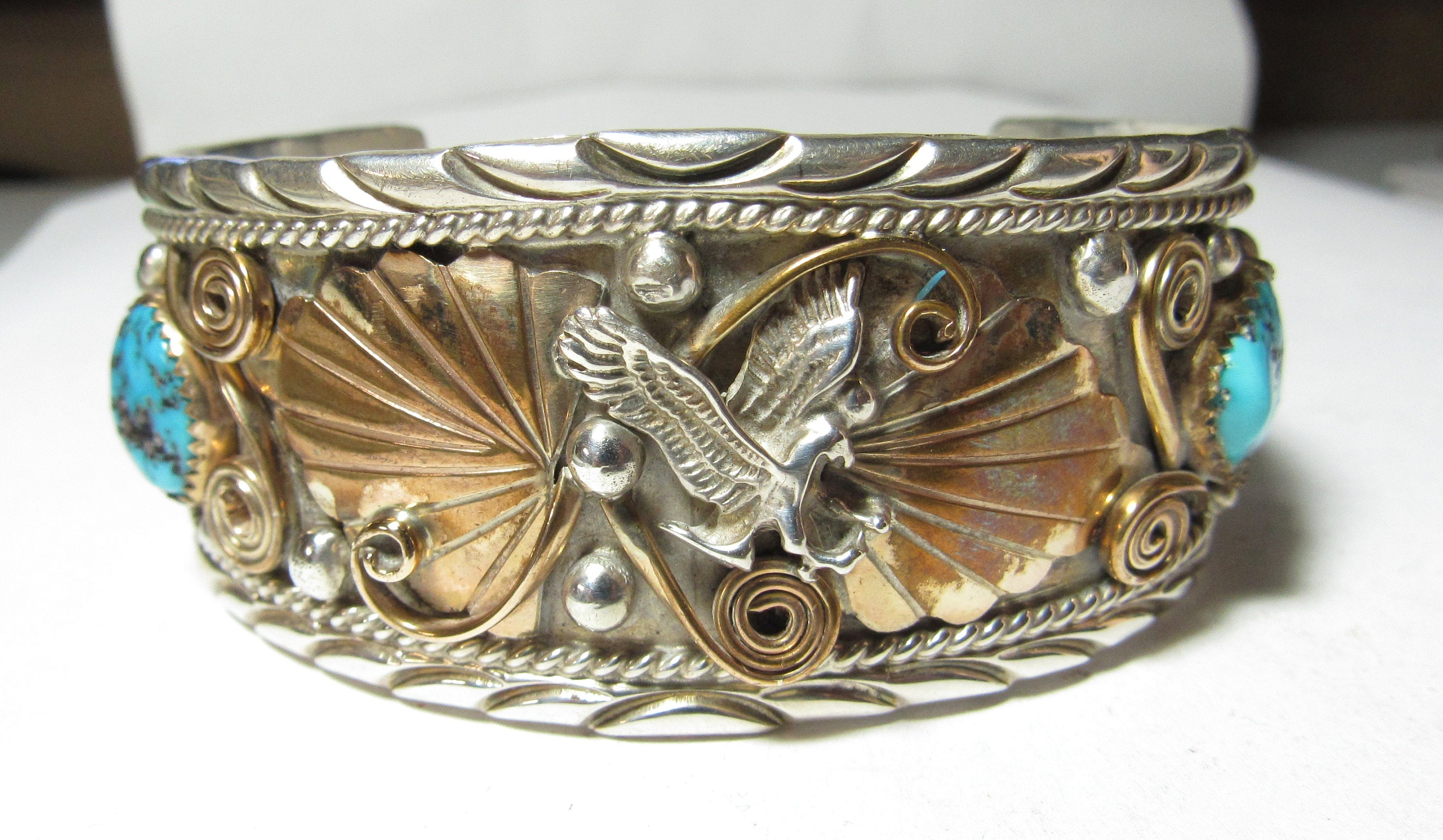 Flying Eagle Vintage Native American Navajo #8 Turquoise Sterling Silver Bracelet Old Flying Eagle Vintage Native American Navajo #8 Turquoise Sterling Silver Bracelet Old