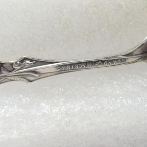 May include: A silver-toned metal souvenir spoon featuring an embossed portrait of a person wearing a feathered headdress on the handle and a detailed landscape scene of Arch Rock on the bowl, with the text ARCH ROCK and ISLAND OF MACKINAC.