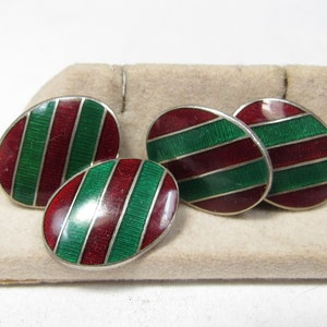 Vintage Green and Red Enamel Sterling Silver Cuff Links