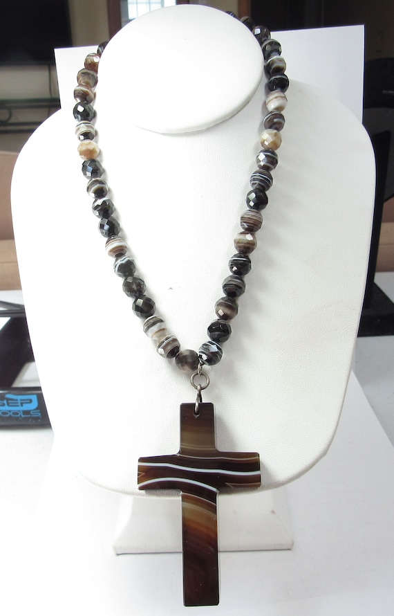 Antique Banded Agate Faceted Necklace with Large … - image 1