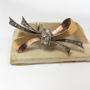 Original Antique Victorian 14k Gold & Silver Bow Pin  / Brooch with Rose Cut Natural DIAMONDS