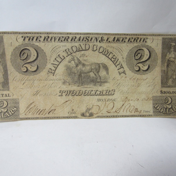 Rare Obsolete Two Dollar Note Railroad Company River Raisin & Lake Erie Monroe Michigan 1836