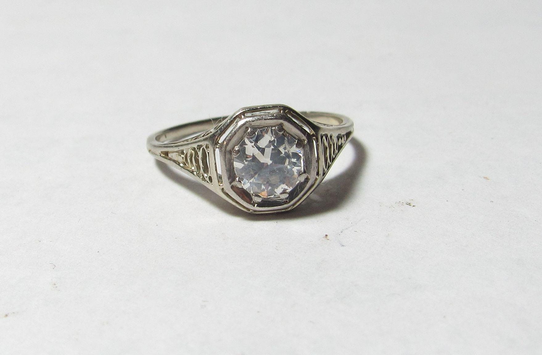 14k White GOLD Art Deco Filigree Ring w / .50 ct European Cut Natural Diamond