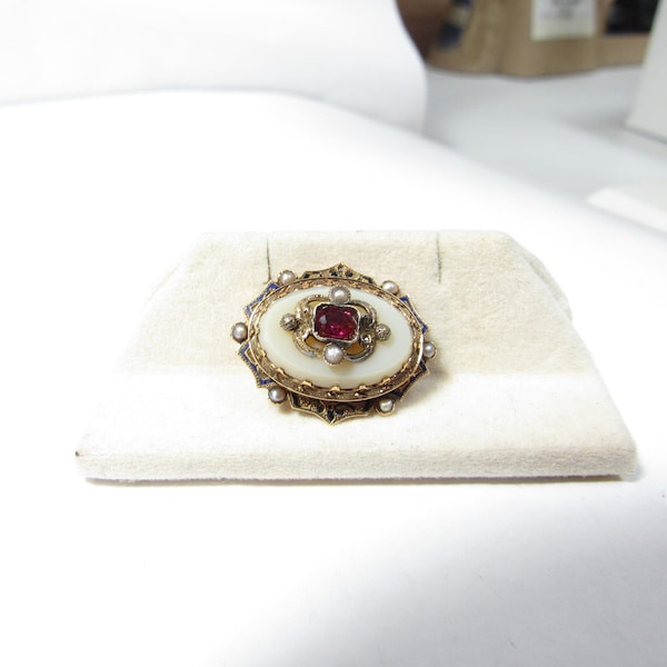 Victorian 14k Solid GOLD Pin with Enamel, Agate, Natural Pearls and Pigeon Blood Red RUBY