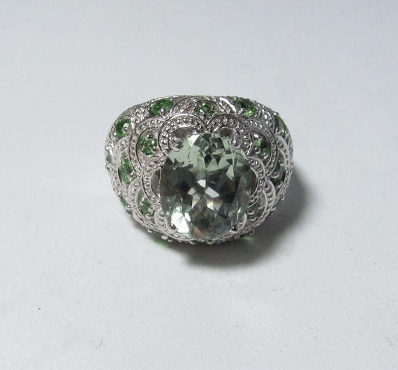 Solid Sterling SILVER Ring with Green Natural Pra… - image 1