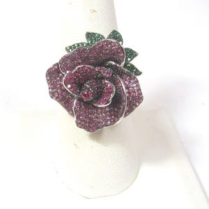 Solid Sterling Silver Rose Ring with Lab Created Red  Rubies and Green Emeralds Size 9 Signed FZN