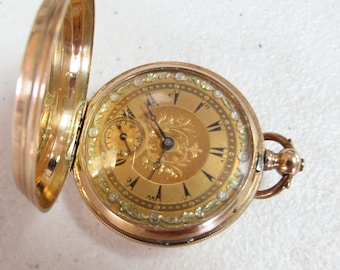 Leroy Paris 14k Gold Key Wind Hunting Case Pocket Watch with Very Fancy Dial Runs