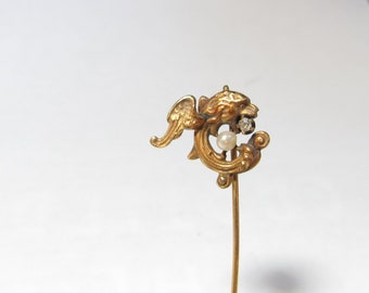 ANTIQUE 14K Solid GOLD Stick Pin with Griffin Head, Natural Pearl, and Mine Cut Diamond