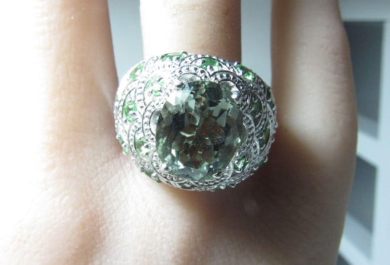 Solid Sterling SILVER Ring with Green Natural Pra… - image 5