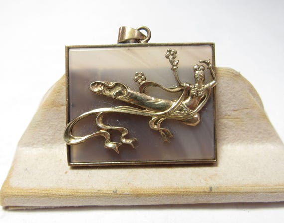 Sterling Silver Rectangle Natural Agate Pendant w… - image 1