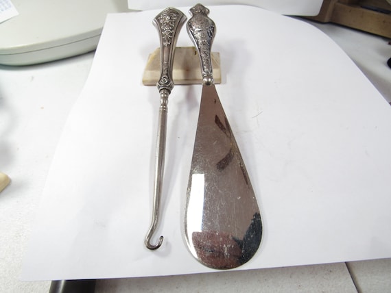 Antique Sterling SILVER Handle Button Hook and Sh… - image 1