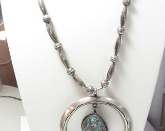 Southwestern Sterling SILVER 21" Necklace with Large Natural Turquoise Pendant