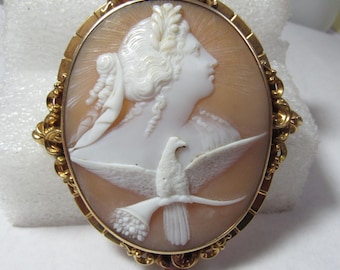 Antique Allegorical lady with Dove Hand Carved Shell Cameo set in 14K Solid Gold Frame Pendant or Brooch