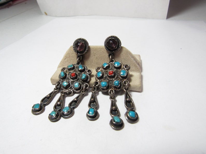 Solid Sterling natural TURQUOISE and CORAL Dangle EARRINGS made in Mexico