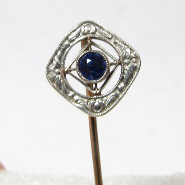 Antique 14k GOLD and Platinum Stick Pin with Blue Natural Sapphire-