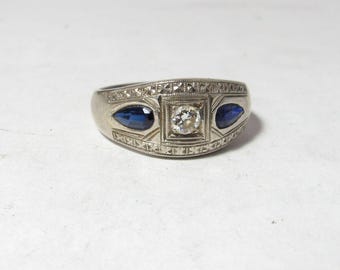 Classy 14k Art Deco 14k White GOLD Ring with European natural diamond and Blue Sapphires