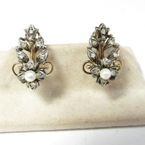 Antique 14k GOLD and SILVER Top Earrings with 18 Rose Cut Natural Diamonds & Pearls