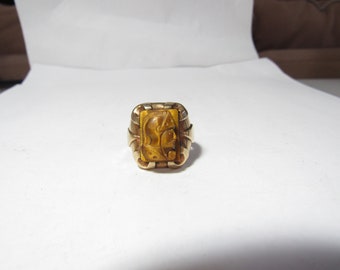 Men's 10k Vintage Hand Carved TIGER'S EYE Ring Size 10