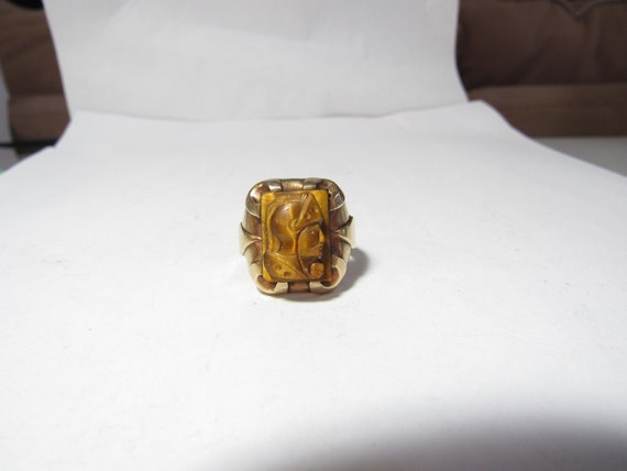 Men's 10k Vintage Hand Carved TIGER'S EYE Ring Si… - image 1