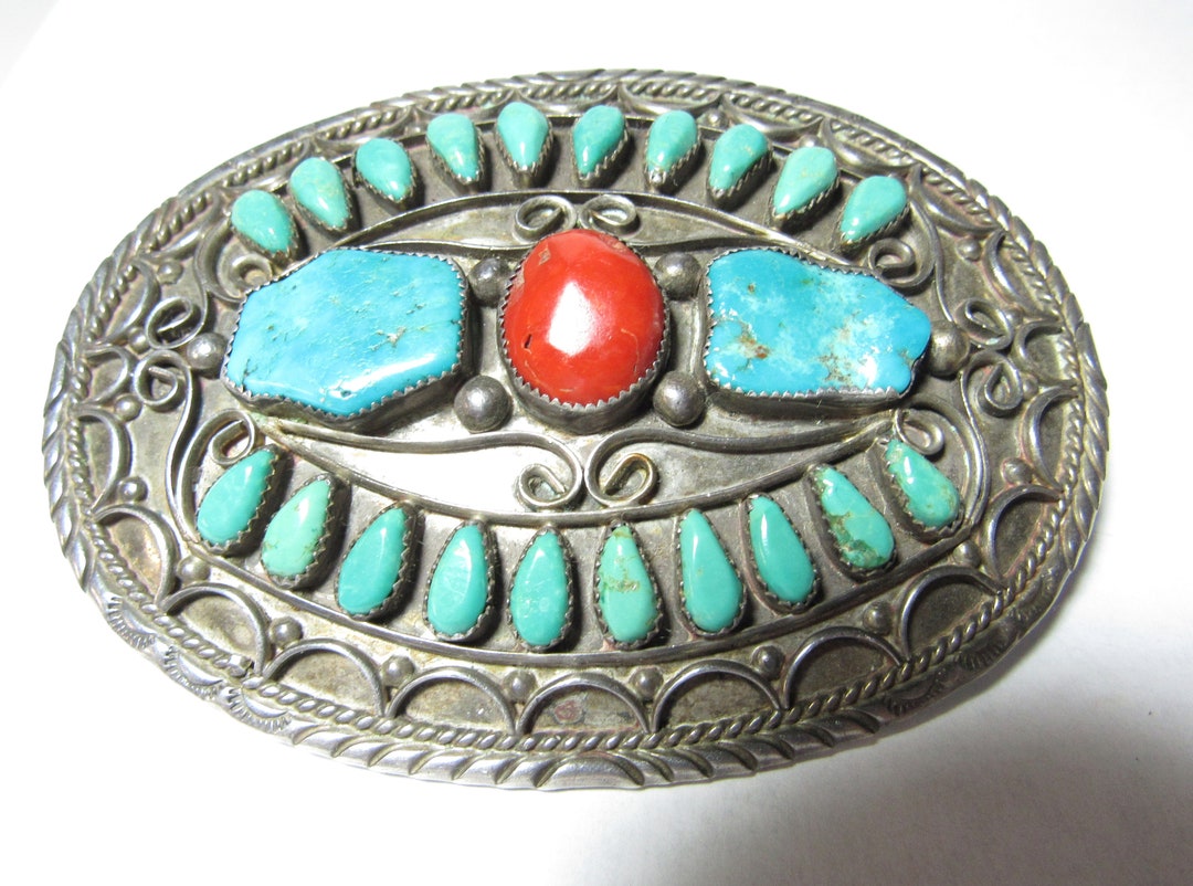 Native American Large Belt Buckle by Harold Yazzie Solid Sterling