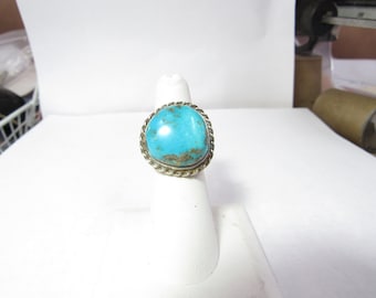 Southwestern Solid Sterling SILVER Ring with 3/4" Blue Turquoise / size  5 1/4