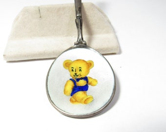 Antique CHILD'S Enameled Solid Sterling SILVER Teddy Bear Spoon