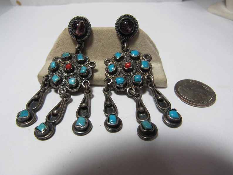 Solid Sterling natural TURQUOISE and CORAL Dangle EARRINGS made in Mexico