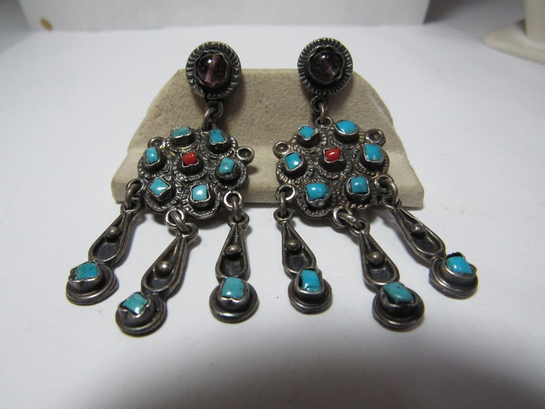 Solid Sterling natural TURQUOISE and CORAL Dangle EARRINGS made in Mexico