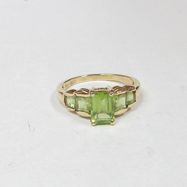 Solid 10k GOLD Ring with Green Emerald Cut and Square Cut Natural Peridot.