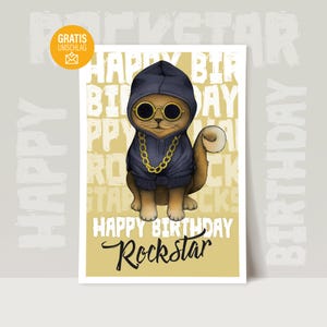 Happy Birthday Rockstar Postkarte DIN A6, inkl. Umschlag // Geburtstagskarte, Happy Birthday Card, Katze