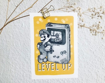 Postkarte "Level Up" Super Mario / Gameboy / Nintendo / Grußkarte / Geschenkkarte / Kunstdruck / mit Umschlag
