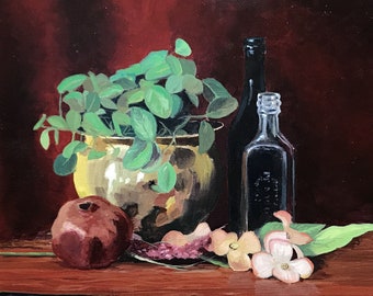 Dogwood Still Life - pintura al óleo de 11x14 en un marco de oro de 16x20