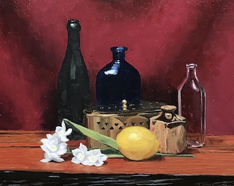 Flor de naranja Still Life - pintura al óleo de 11x14 en un marco de oro de 16x20