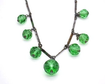 Vintage Georgian Emerald Green Crystal Silver Tone Necklace