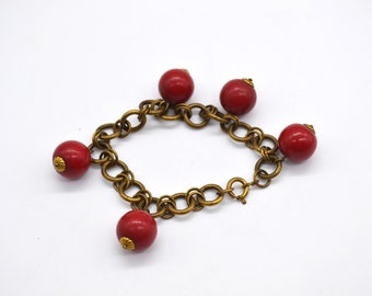 Vintage Brass & Red Beaded Bracelet Chain