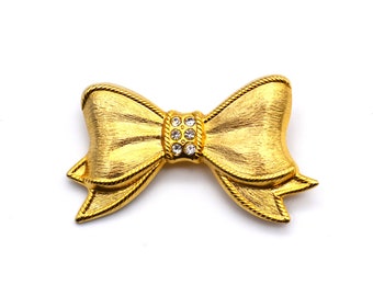 Vintage Gold Tone & Sparkling Crystal Bow Brooch