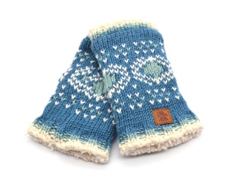 Scandinavian  Style Blue Fingerless Knitted Wool Gloves/ Fleece Lined