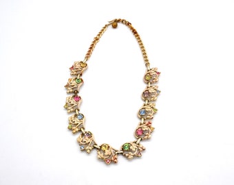 Vintage 50's White Enamel Multicoloured Stone Dress Necklace